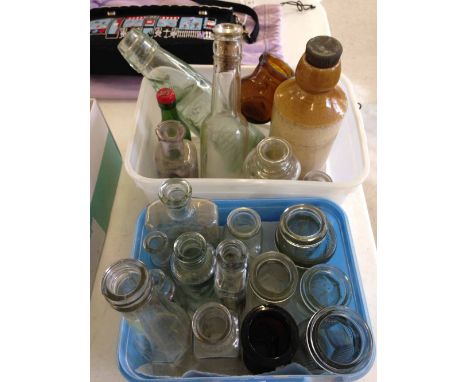 Assortment of vintage glass bottles to include R.White ginger bottle with marble & a stoneware Blomfields East Dereham beer b
