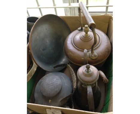 A copper kettle, coffee pot, frying pan & lamp.
