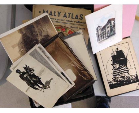 A tray of small items to include vintage autograph book with sketches & mottos, a miniature signed pen & ink print of Vienna 