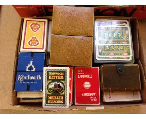 A box of advertising related playing cards to include Hovis, Ladbrokes & Walpamur Water Paint.