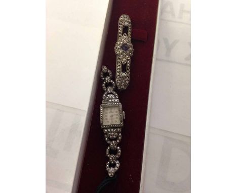 Ladies vintage Bucherer Swiss made Marcasite watch, needs new strap - together with a marcasite bar brooch with central ameth
