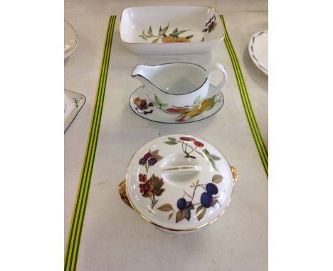 3 pieces of Royal Worcester Evesham dinnerware - gravy boat, oblong dish & small lidded serving dish.