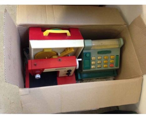 A box of vintage toys comprising a Maxicash cash register, a Fisher Price music box/record player and a Michaela sewing machi