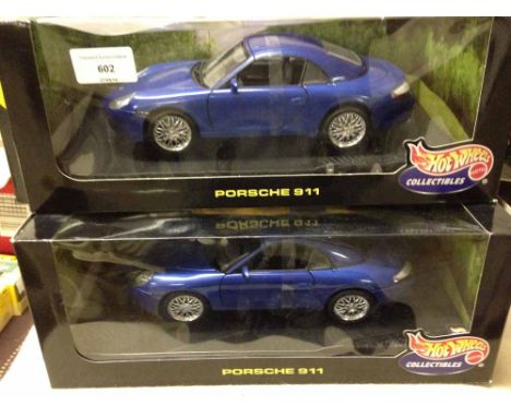 2 Mattel Hot Wheels 1:18 scale Porsche 911. Mint in boxes.