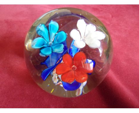 Vintage - Art Glass Paper weight 'flowers'-in red beaded box - no chips
