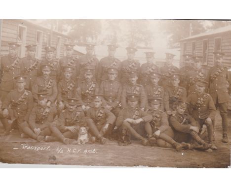British Army Service Corps WWI Group Photograph - Transport, 2/2 H.C.F. Amb, with dog mascots in photo.