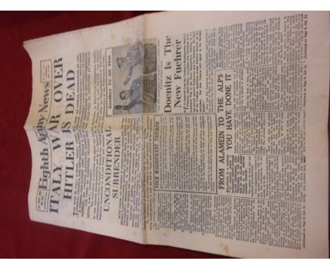 British WWII Eighth Army News Thursday May 3, 1945; "Italy War over, Hitler is Dead" an informative newspaper making the end 