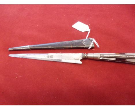 Corsican vendetta knife made in the late 19th century, tapered part double edged blade, Silver adornments with pearl inset in