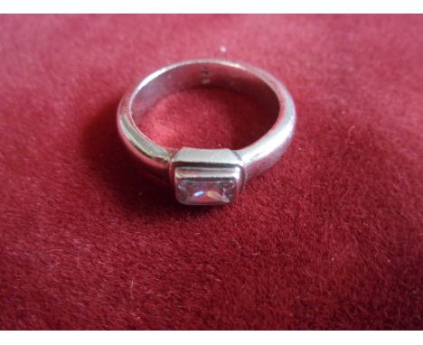 Silver Ring - Solid silver ring with good size white stone- ring size unknown