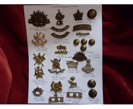 British Commonwealth and Colonial Cap Badge and Shoulder Title Collection (28) including: Commonwealth Military Forces WWI Ca