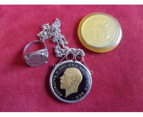 jewellery-mixed lot- includes a sealed 1966 half crown A1933 half crown, enamelled on a pendant and fine silver chain, also a