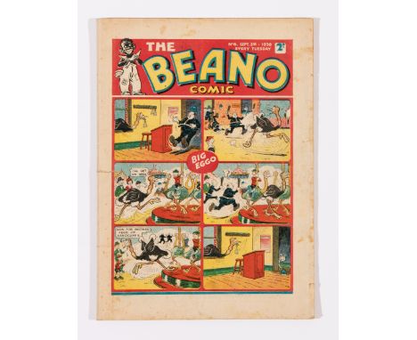 Beano No 6 (1938). Good cover colours, one inch horizontal spine tear going through all (light tan) pages. Some back cover ma