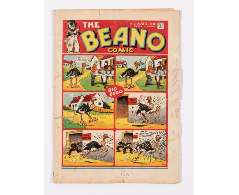 Beano No 3 (1938). Bright cover colours with 2 x 1½ ins margin tears and 2 ins horizontal spine tear going through all pages.