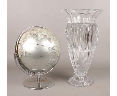 A large glass vase, along with a globe on stand. (Vase 41cm).  