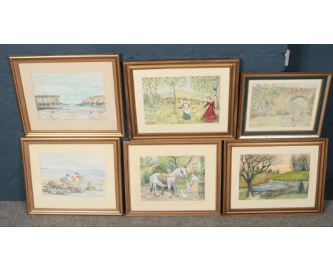 Six framed watercolour paintings. Depicting sea side, farm, children playing examples, etc.  