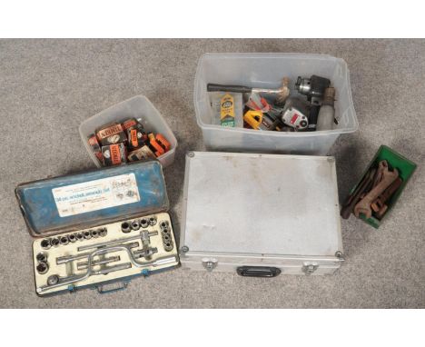 A collection of tools. Includes spanners, boxed bearings, aluminium case, Kinzo socket set etc.  
