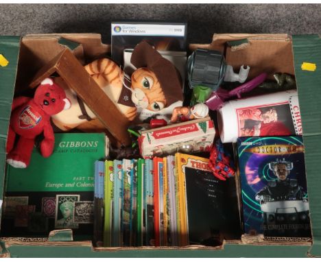 A box of miscellaneous. Includes Doctor Who DVDs, Thomas The Tank books, Puss In Boots etc.  