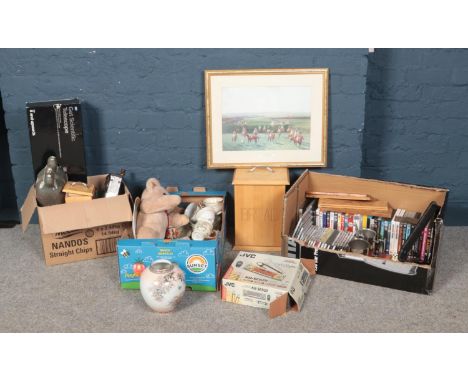 Three boxes of miscellaneous. Includes oriental teawares, telescope, dvds etc.  