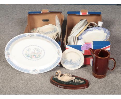 Two boxes of miscellaneous ceramic's. Border Fine Arts Swan &amp; Cygnets WW4, Royal Albert 'Songbird' Meat plate, Poole coff