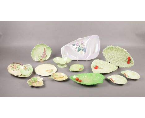 A collection of Carltonware to include, a Lilac coloured convolvulus pattern segmented serving dish, a trio of leaf shaped fl