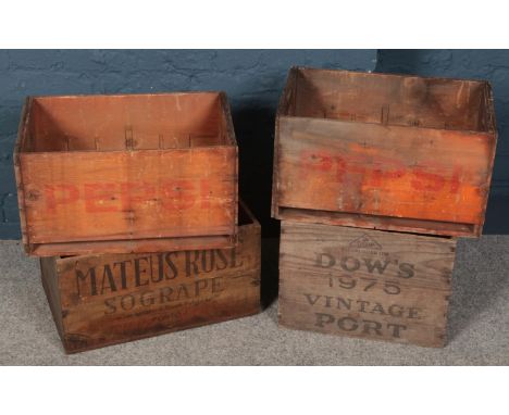 Four wooden vintage advertising crates. Including Pepsi, etc.  