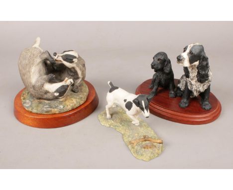 Three Border Fine Art figures. Includes Hayton badger example.  Small dog with repair.