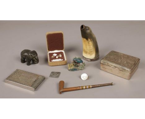 A group of collectables. Includes Firmins fox hunting button, white metal mounted horn, Chinese white metal box, pair of silv