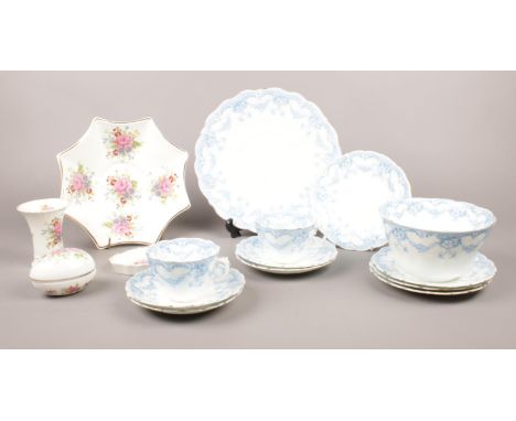 A group of ceramic's. Allertons 'Willow pattern' part china tea set, Victoria China pin dish, bowl, bud vase, trinket.  