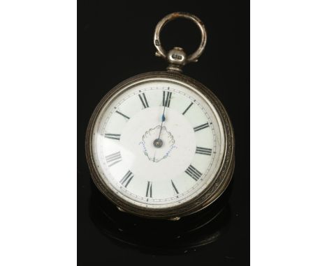 A Victorian silver fob watch. Assayed in Birmingham 1884 with a slight blue tinge around the edge of the face and blue steel 