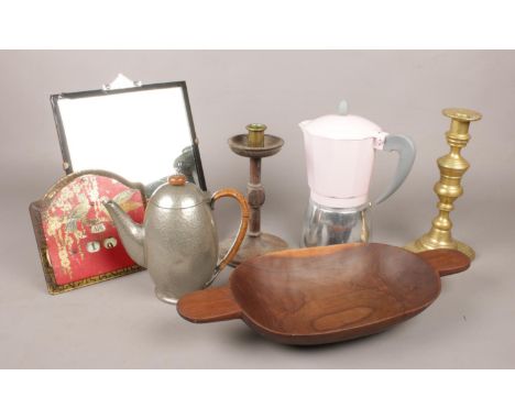 A group of collectables. Includes Art Deco mirror, Tudric pewter coffee pot, candlesticks etc.  