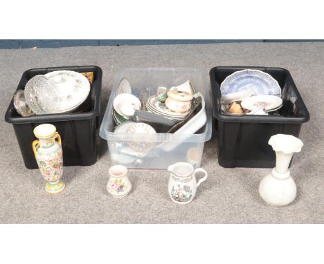 Three boxes of miscellaneous. Royal Worcester, Spode, silver plate examples etc  