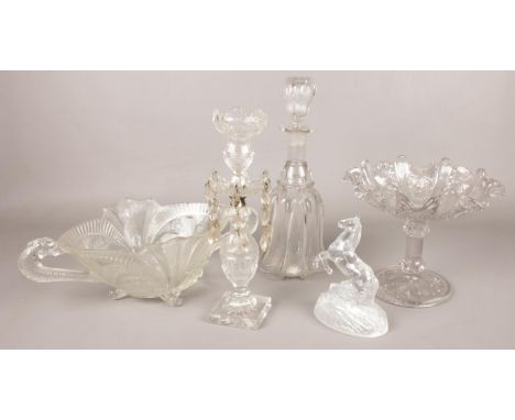 A quantity of cut glassware. Including candlestick light, decanter, horse paperweight, pedestal bowl, etc.  