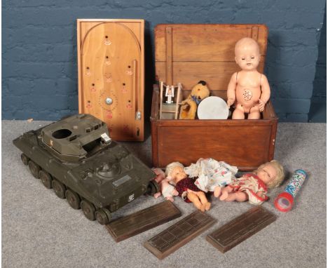 A collection of mainly vintage toys. Includes dolls, bagatelle board, large tank, kaleidoscope etc.  