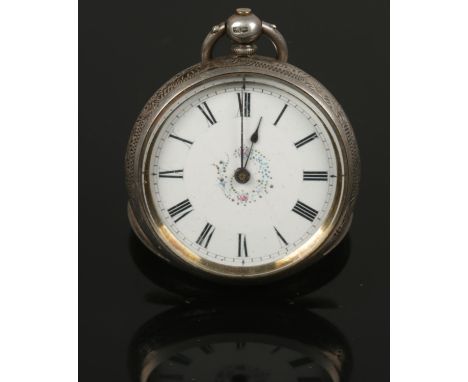 A Victorian Silver fob watch. Assayed in Birmingham in 1883 by Frank Moss. Floral and scroll engraving to the reverse of case