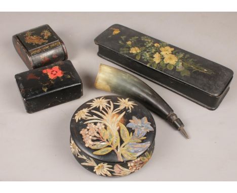 A chinoiserie decorated trinket box along with paper mache glove box, horn drinking vessel, etc.  