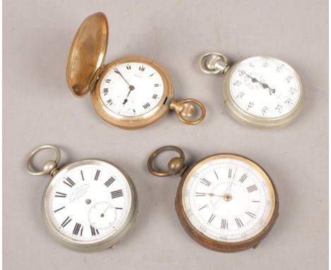 Four pocket watches. Includes Neva yellow metal full hunter, centre seconds chronograph, Smiths and G Parkin.  