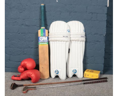 A collection of sporting equipment. Includes Olympus boxing gloves, cricket bat, golf clubs etc.  