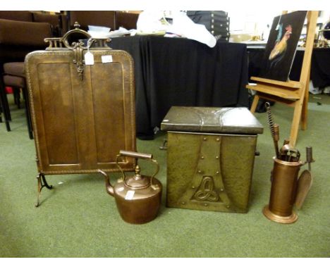 Arts and crafts copper and brass coal box and firescreen, Georgian Kettle and copper fire companion set