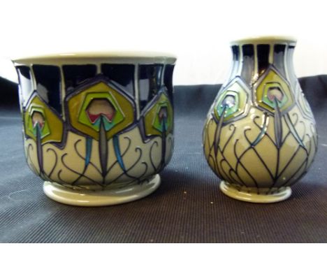 Two pieces of Moorcroft Peacock Parade design ceramics, vase and a planter. H: 10 cm and 9 cm