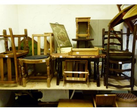 Large quantity of mixed furniture including telephone seat, chairs, firescreen (top lot)