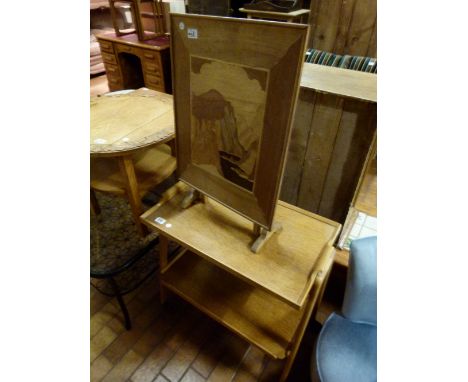 Light oak two tier trolley, firescreen and a heavily carved circular side table