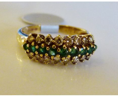 9 ct gold three row emerald & diamond ring. Size M.