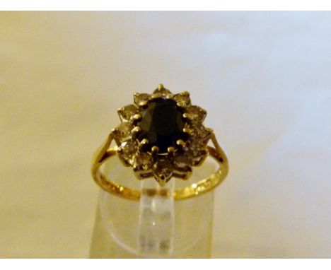 9 ct gold sapphire & diamond ring. Size M.