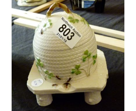 Belleek black harp mark bee hive honey pot ~A/F ~ slight chip to lid