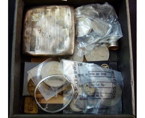 Silver cigarette case A/F, silver cuff bangle, silver thimble and a quantity of silver coloured coinage