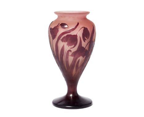 Gallé   Footed vase with tulips, circa 1920  Cameo glass  Signed in cameo 'Galle'  16.5cm highCondition Report:  General ligh