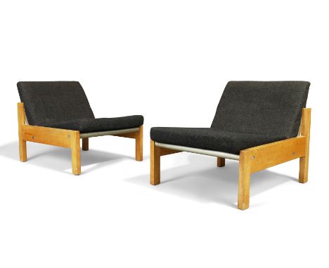 Ernest Race (1913-1964)   Pair of scarce 'Curlew' lounge chairs, circa 1962  Ash, lacquered steel  Each with partial manufact