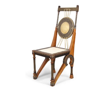 Carlo Bugatti (1856-1940) Side chair with drum shaped back, circa 1900  Embossed copper and pewter inlay, vellum seat and bac