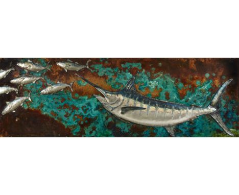 Sam MacDonald (b.1964) Sculpture of marlin chasing tuna, late 20th century  Copper, resin, pewter  Signed in pen to verso  50