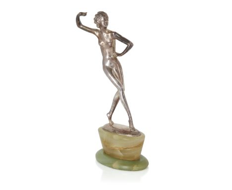 Josef Lorenzl (1892-1950) Female dancer, circa 1925  Silvered bronze, onyx base  Signed 'Lorenzl' in the cast  21cm high